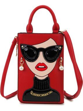 Women Red Black Novelty Lady Face PU Leather Shoulder Bag Handle Satchel Clutch